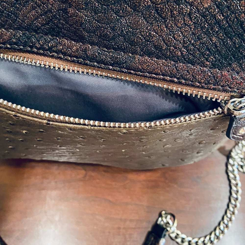 🌟HP🌟EUC Blue Elegance Studded Chrystal Taupe Faux Ostrich Shoulder Bag - Picture 14 of 16